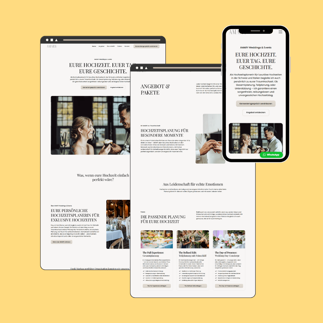 Website für Hochzeitsplanung auf verschiedenen Geräten (Laptop, Smartphone, Tablet) mit Bild eines Brautpaares, die sich beim Eheversprechen ansehen, auf gelbem Hintergrund.