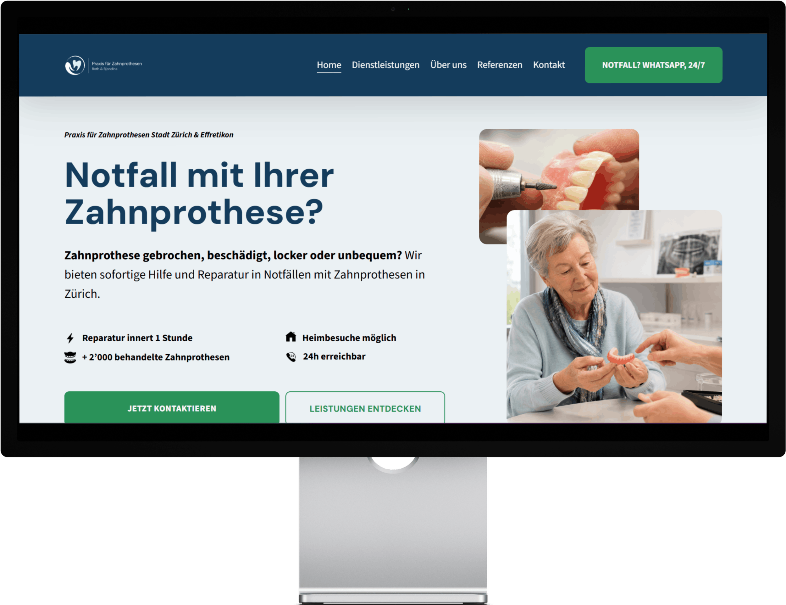 Screenshot einer professionellen Webseite für eine Zahnersatzklinik in Zürich, Schweiz