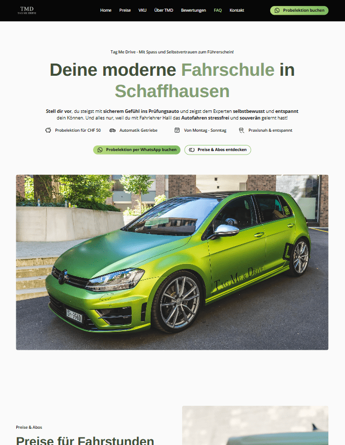 Screenshot einer Webseite für Tag Me Drive, einer Fahrschule in Schaffhausen, mit einem grünen Auto.
