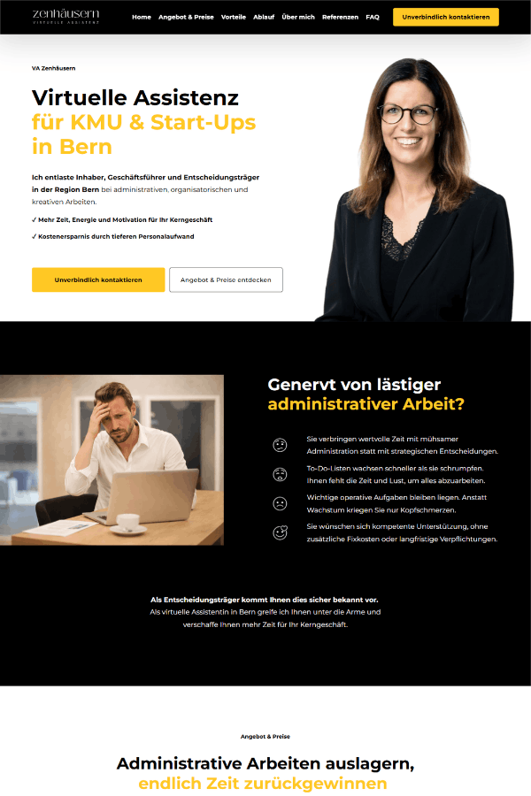 Screenshot einer professionellen Webseite für eine virtuelle Assistenz aus Bern Schweiz