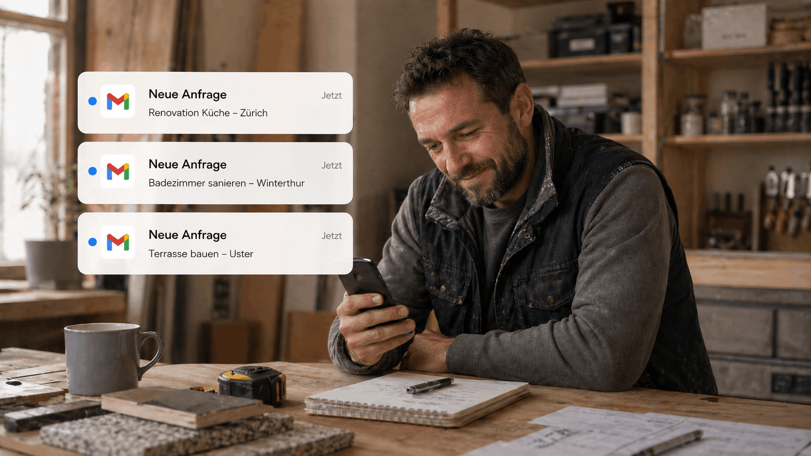 Unternehmer erhält über seine professionelle Webseite erstellt von Zimmermann Webdesign aus Schaffhausen neue Anfragen per E-Mail.