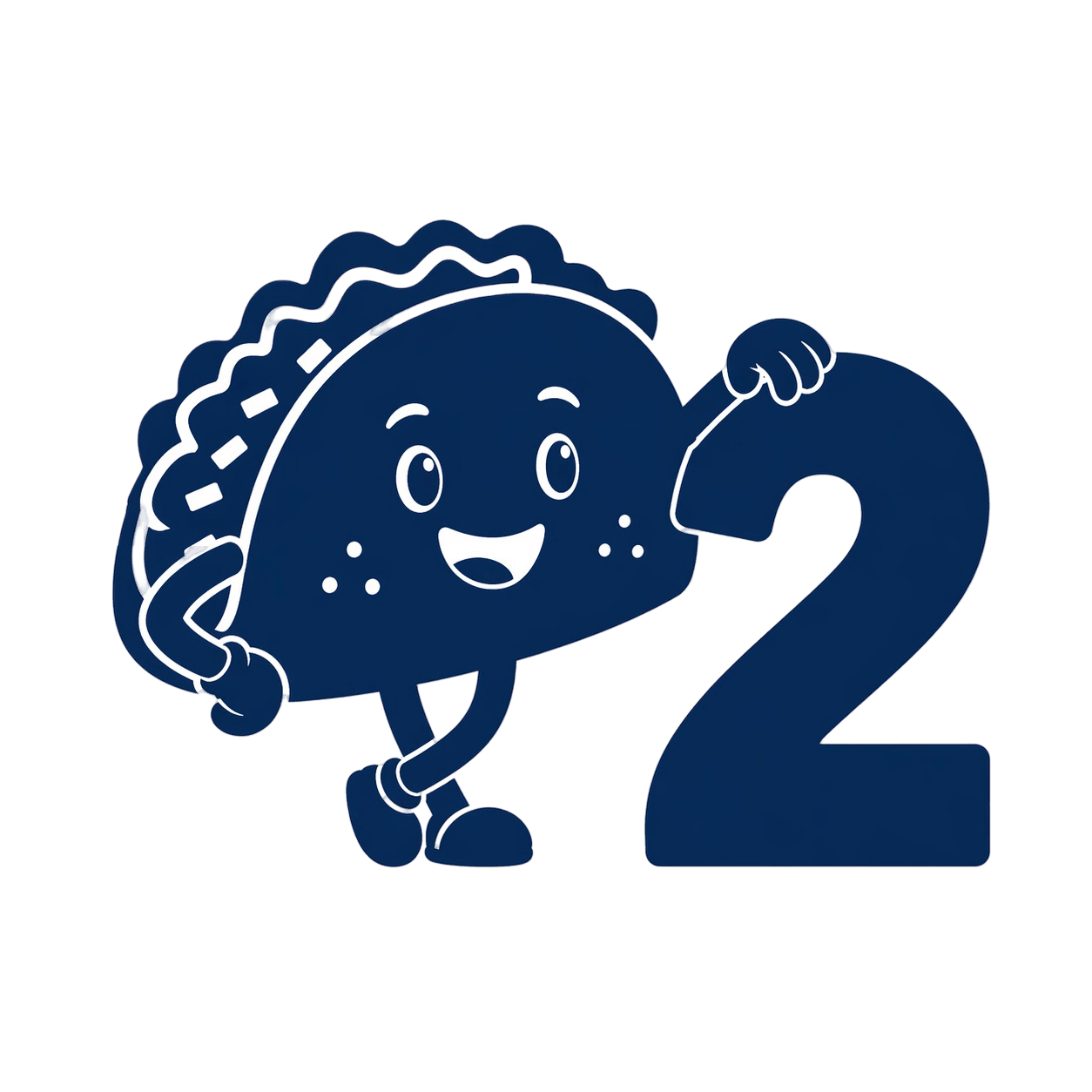 Ein cartoonartiger Taco mit Gesicht, Armen und Beinen, der den Arm um die Zahl 2 legt.