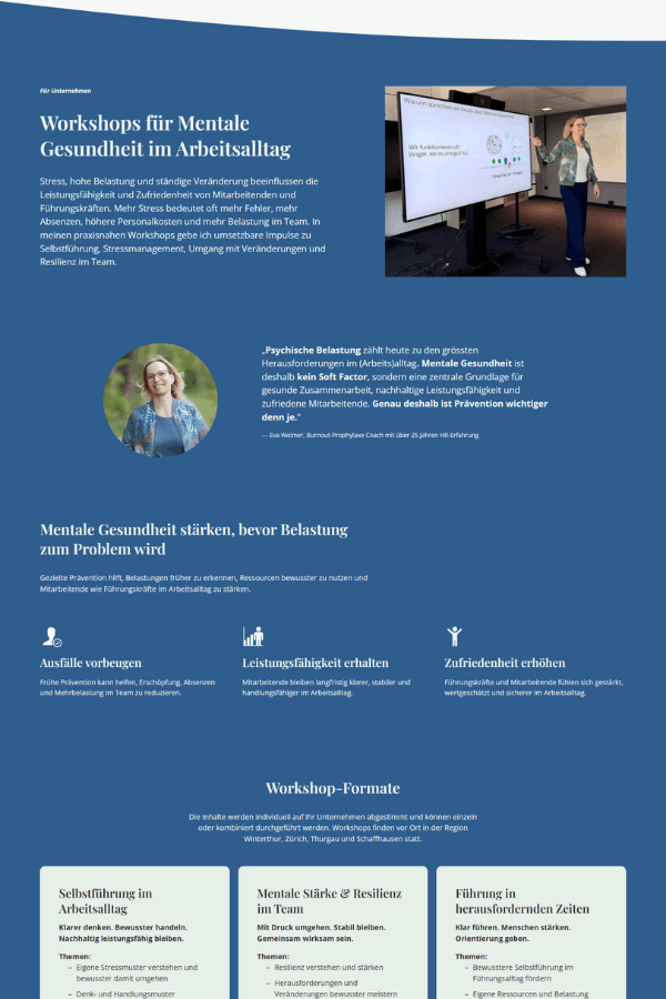 Screenshot einer professionellen Webseite für einen Burnout Prophylaxe Coach aus Winterthur Schweiz