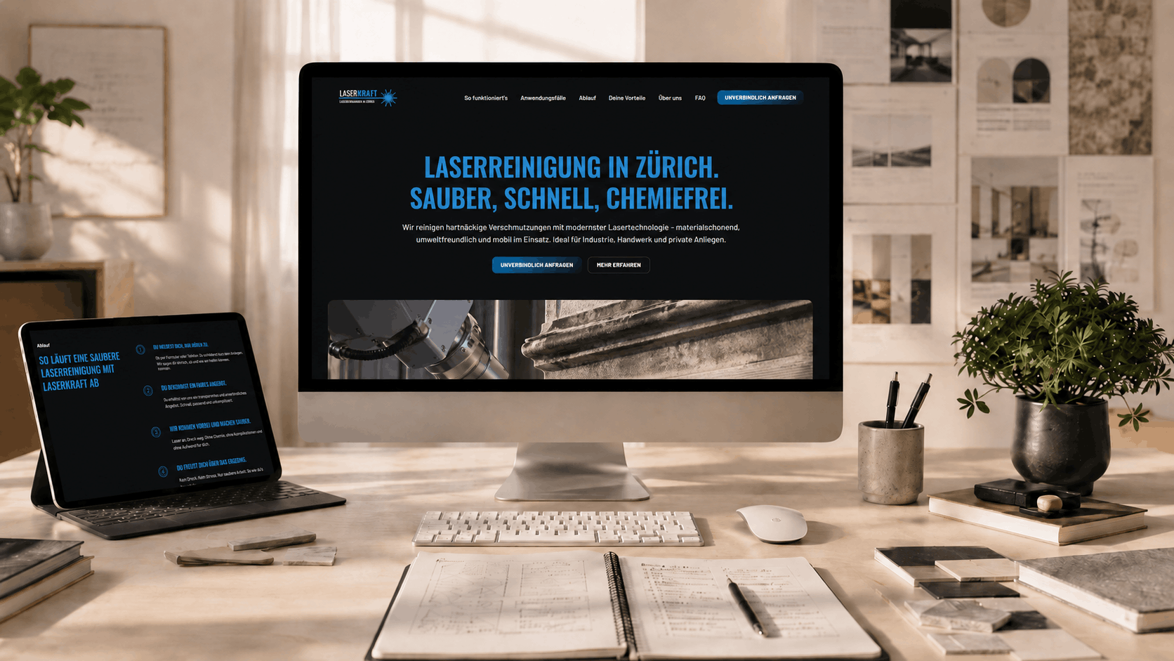 Ein aufgeräumtes Büro mit zwei Computerbildschirmen. Beide zeigen eine professionelle Webseite für einen Handwerker aus Zürich, Schweiz
