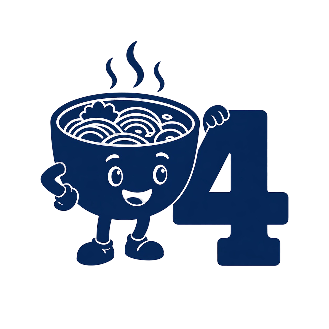 Eine cartoonartige Figur eines Nudeltellers, die eine lachende Fratze und Arme hat, die ein großes blaugefarbenes '4' hält.