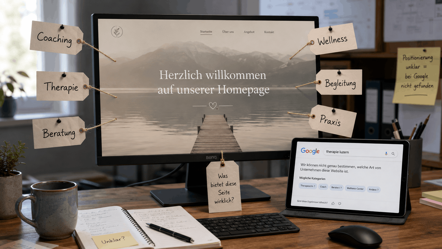 Unternehmenswebsite mit der allgemeinen Aussage „Herzlich willkommen auf unserer Homepage“, wodurch Angebot und Positionierung für Google unklar bleiben.