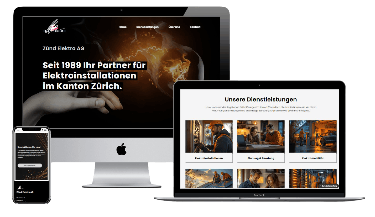 Multi Device Screenshot einer professionellen Webseite für einen Elektriker aus Dübendorf