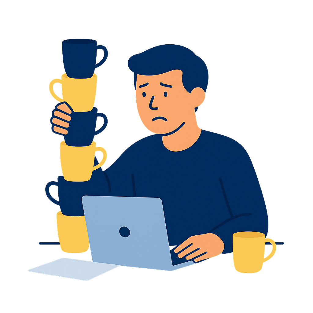 Unternehmer sitzt vor dem Laptop mit einem Stapel Kaffeetassen, da er überfordert ist mit der Erstellung seiner eigenen Webseite.