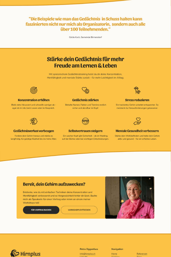 Screenshot einer professionellen Webseite für eine Gedächtnistrainerin aus Winterthur Schweiz