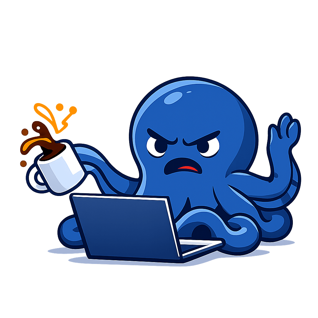 Eine cartoonartige blaue Krake, die verärgert auf einen Laptop schaut, während sie eine Tasse Kaffee umstößt.