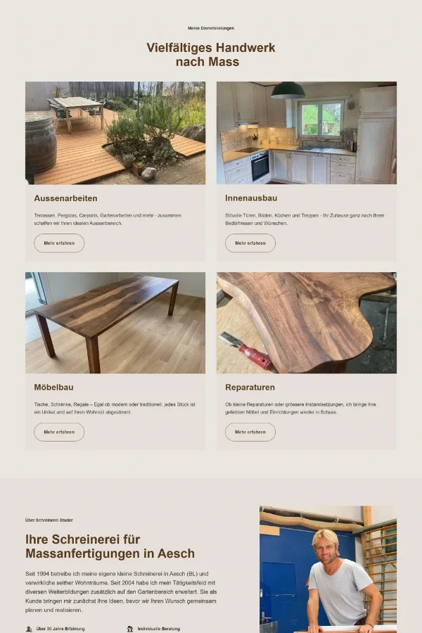 Screenshot der Website für Schreinerei Studer aus Aesch Basel Land