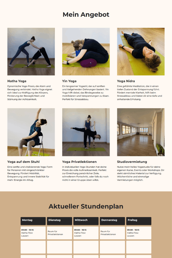 Screenshot einer professionellen Webseite für eine Yoga Lehrerin aus Lausen BL, Schweiz