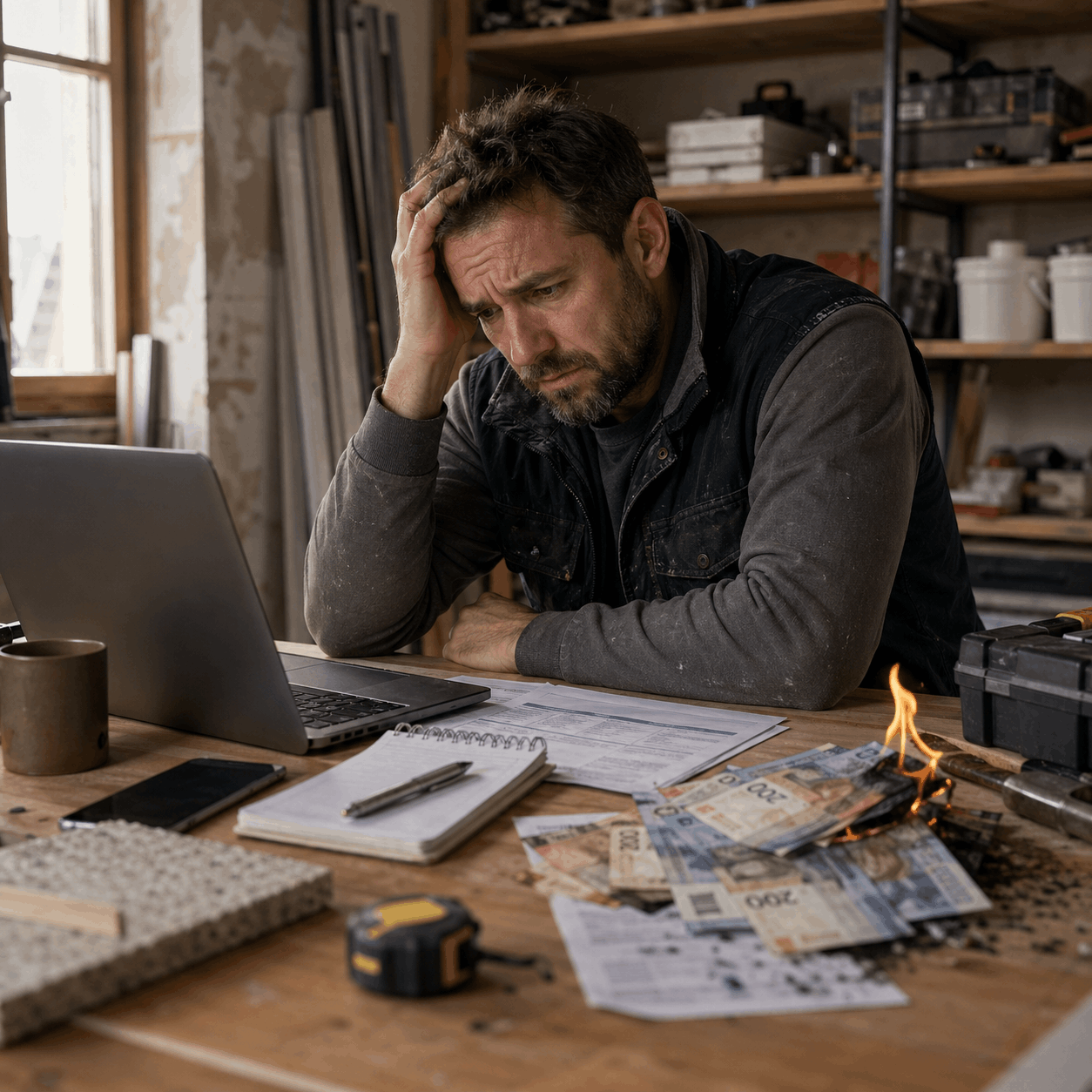 Ein Handwerker aus der Schweiz sitzt verzweifelt vor seinem Laptop, weil er mit Google Ads sichtbar Geld verbrennt.