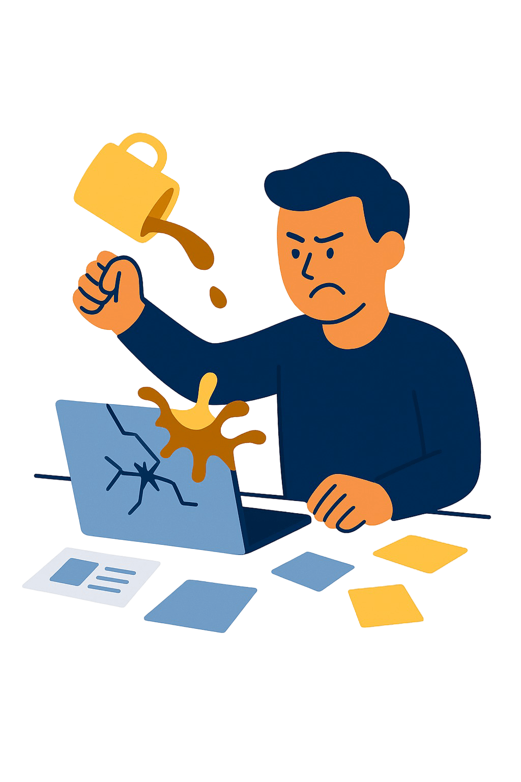 Ein verärgerter Mann mit dunklen Haaren und dunklem Pullover sitzt vor einem Laptop, der eine gesprungene Bildschirmoberfläche zeigt. Er schüttet Kaffee auf den Laptop, was zu einer großen Kaffeefleck und einem Schaden führt, während er frustriert schaut.