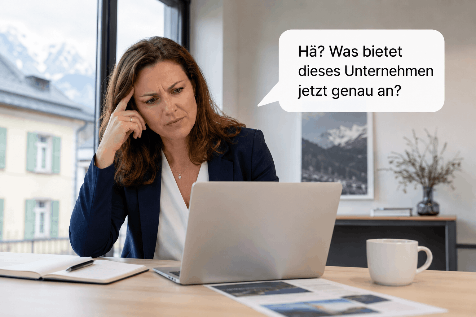 Geschäftsinhaberin betrachtet verwirrt eine Website am Laptop, weil das Angebot des Unternehmens unklar kommuniziert wird.