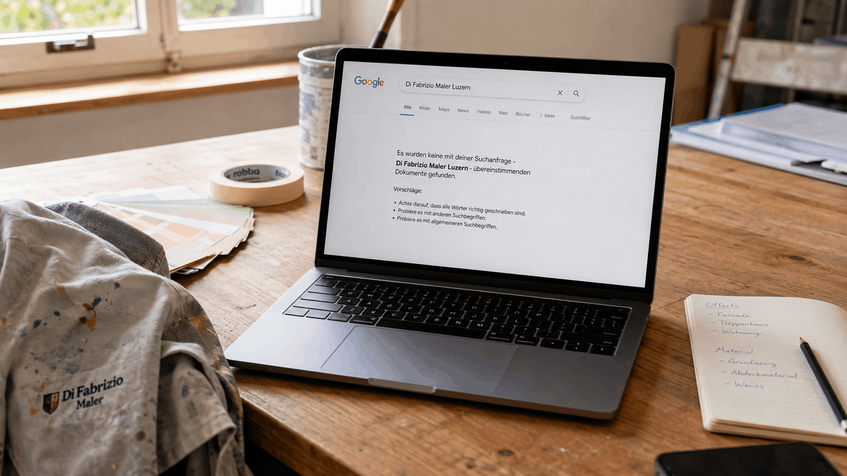 Laptop zeigt für die Suche nach Di Fabrizio Maler Luzern keine Google-Suchergebnisse, da die Website noch nicht indexiert wurde.