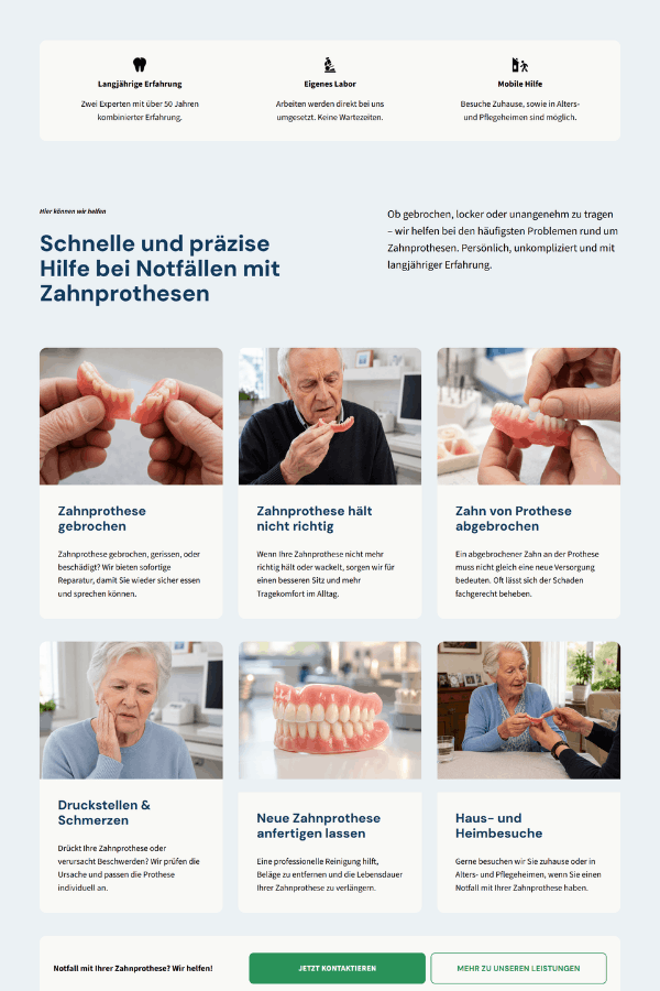 Screenshot einer professionellen Webseite für eine Zahnersatzklinik aus Zürich, Schweiz