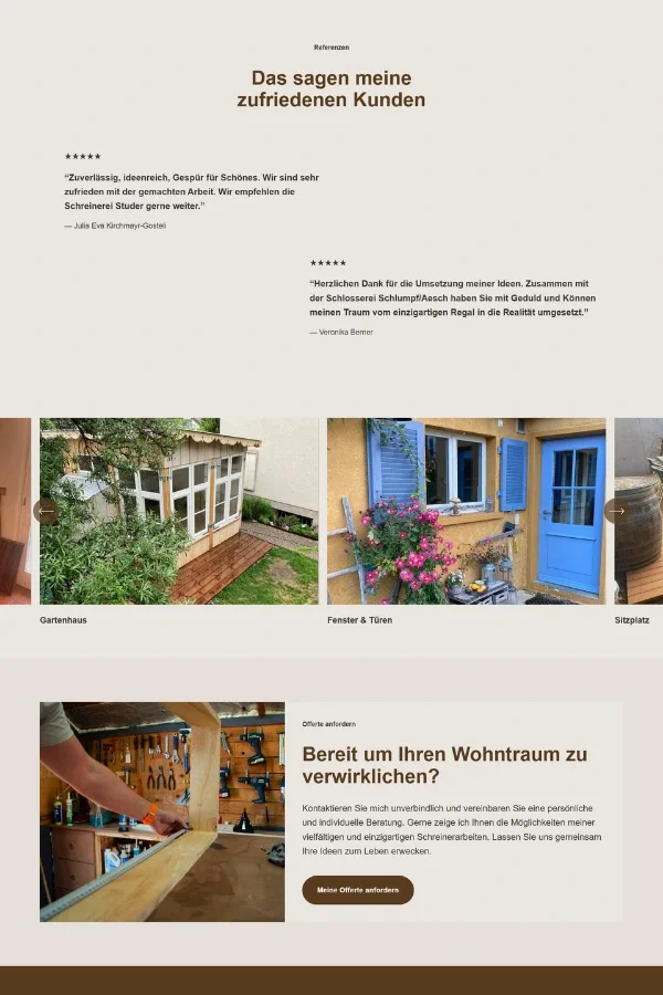 Screenshot der Website für Schreinerei Studer aus Aesch Basel Land