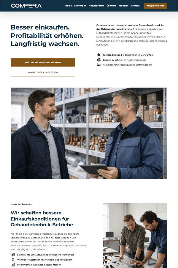 Screenshot einer professionellen Webseite für eine Handwerksorganisation aus der Schweiz