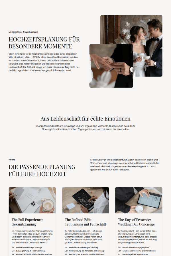 Screenshot einer professionellen Webseite für eine Hochzeitsplanerin aus Schaffhausen Schweiz