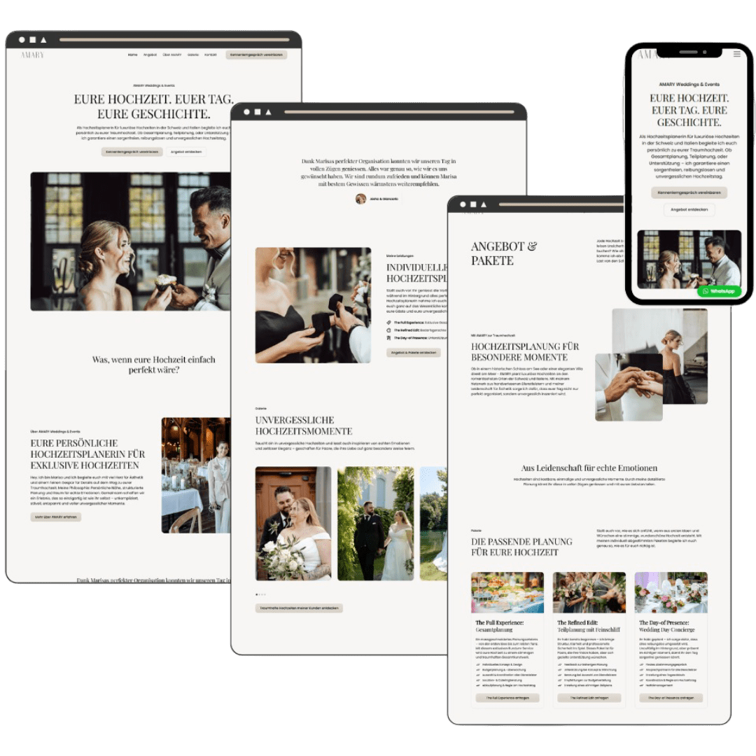 Verschiedene Screenshots einer Website für Hochzeitsplanung, mit Bildern von Brautpaaren, Hochzeiten, und Hochzeitsdetails, alle in einem modernen, weißen Design.