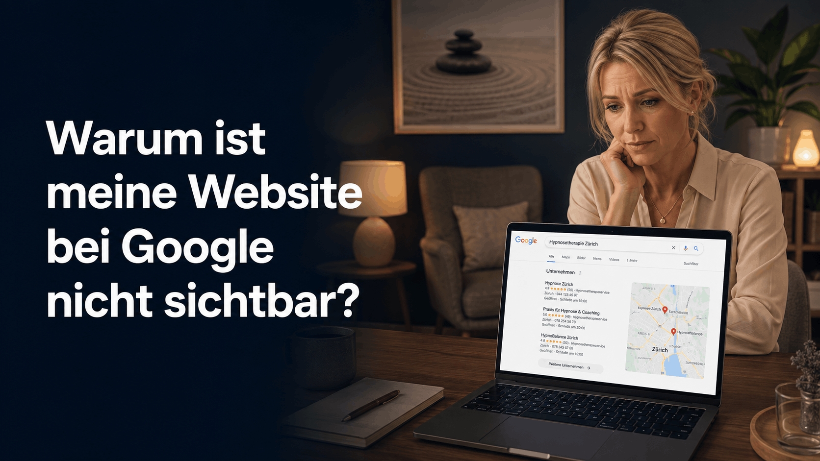 Eine Hypnosetherapeutin aus Zürich, Schweiz sitzt nachdenklich vor ihrem Laptop und fragt sich "Warum ist meine Website bei Google nicht sichtbar?"