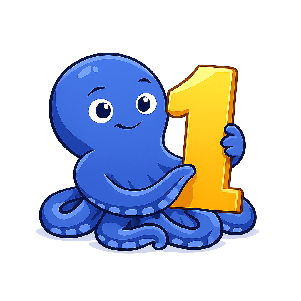 Eine animierte blaue Oktopus-Figur, die eine große goldene Zahl eins hält.