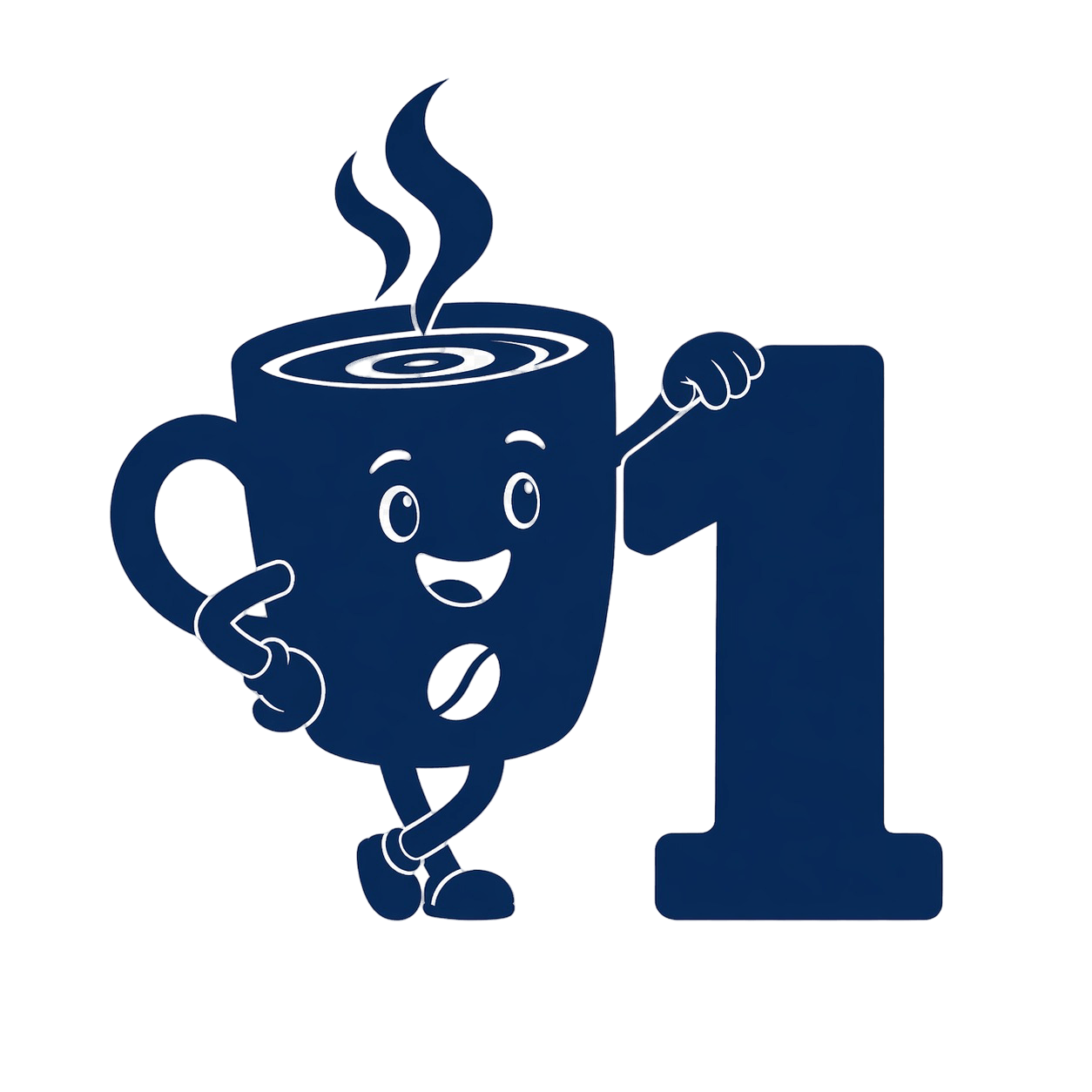 Eine cartoonartige blaue Tasse mit Gesicht, die eine große Zahl eins hält, während sie an einem Streifen hängt. Die Tasse hat eine fröhliche Miene und dampfende Flüssigkeit im Inneren.
