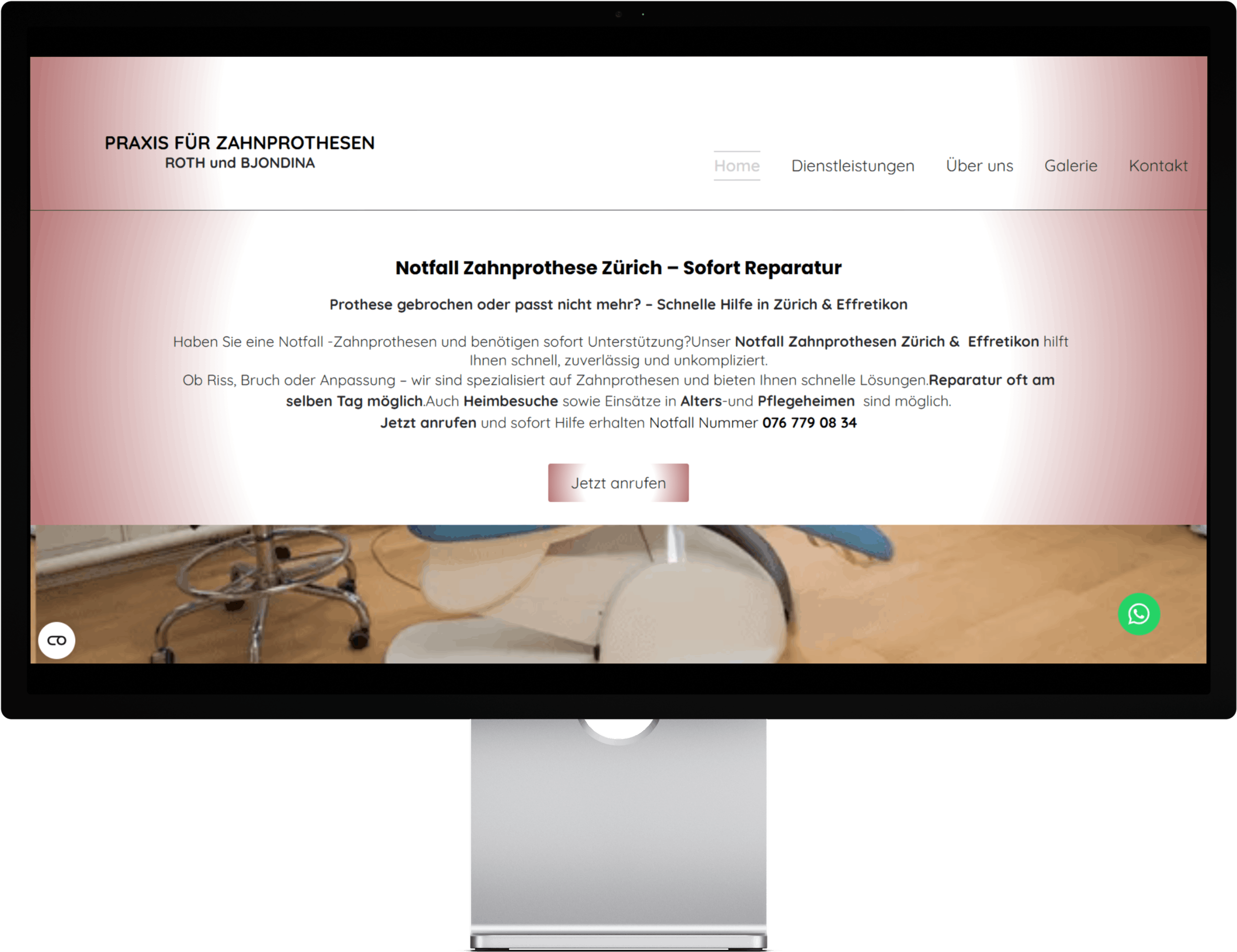 Screenshot einer Webseite für eine Zahnersatzklinik aus Zürich, Schweiz