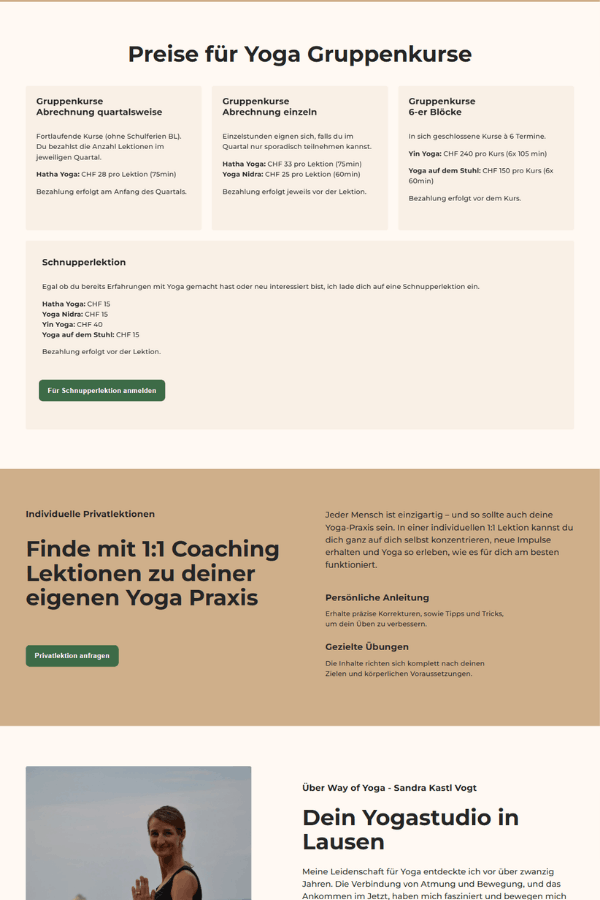 Screenshot einer professionellen Webseite für eine Yoga Lehrerin aus Lausen BL, Schweiz