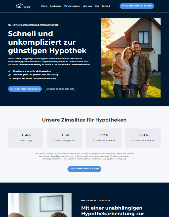 Screenshot einer Website der 3D-Hypo mit einem Familienfoto, die ein Haus im Hintergrund zeigt, bei Sonnenuntergang, neben Text über Hypothekendarlehen und Zinsen.