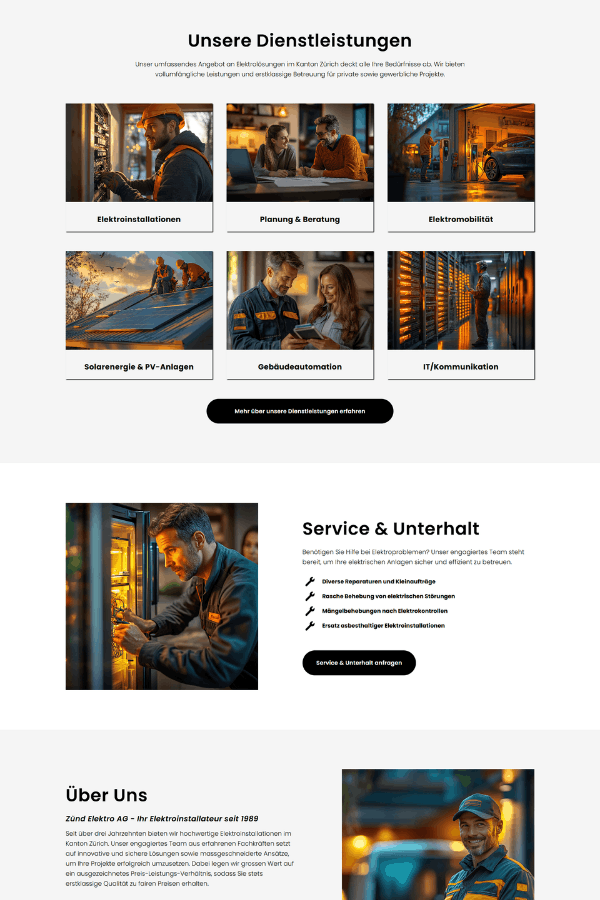 Screenshot einer professionellen Webseite für einen Elektroinstallateur aus Dübendorf aus Zürich.