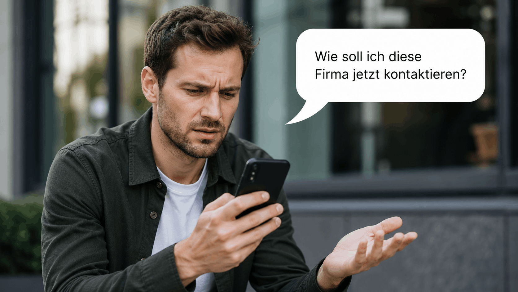 Verwirrter Mann sucht auf einer Unternehmenswebsite am Smartphone nach einer Möglichkeit zur Kontaktaufnahme.