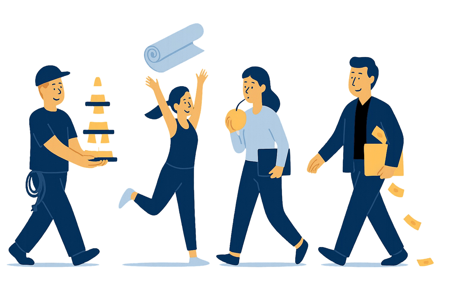 Zeigt 4 glückliche Unternehmer, die in eine professionelle Webseite investiert haben und jetzt mehr Anfragen erhalten.