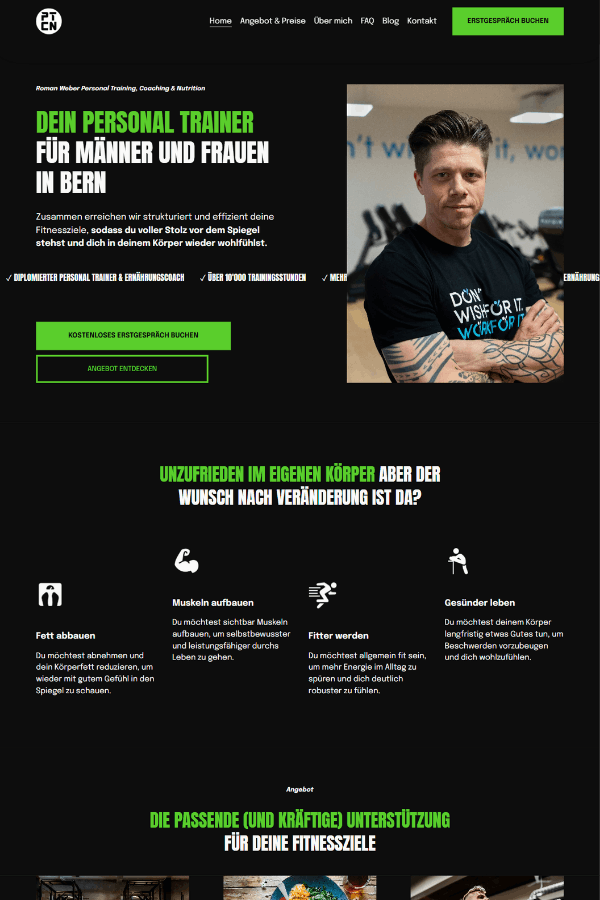 Screenshot einer professionellen Webseite für einen Personal Trainer aus Bern Schweiz