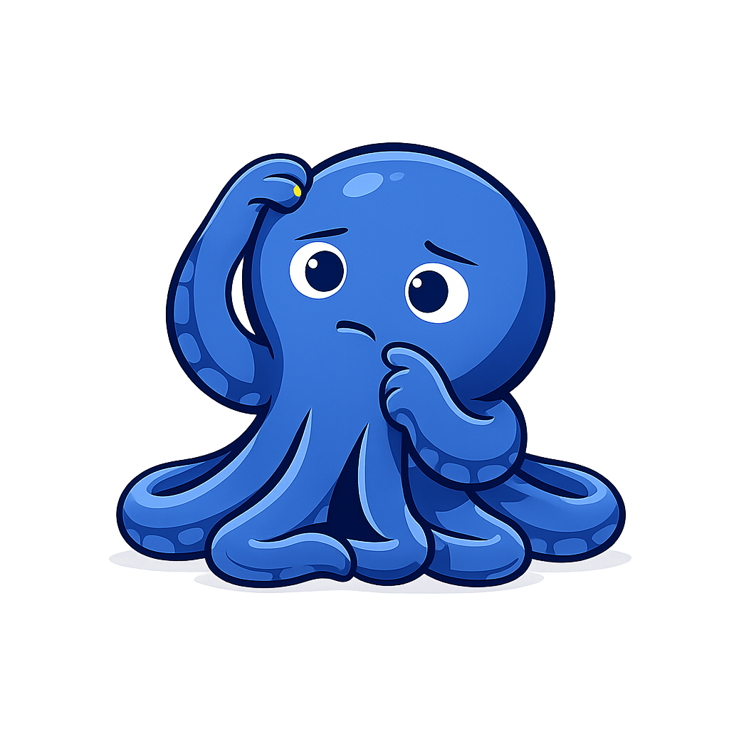 Ein niedliches, cartoonartiges blaue Krake, die nachdenklich aussieht, mit einer Hand am Kopf und der anderen an das Kinn. Sie wirkt nachdenklich oder etwas unsicher.
