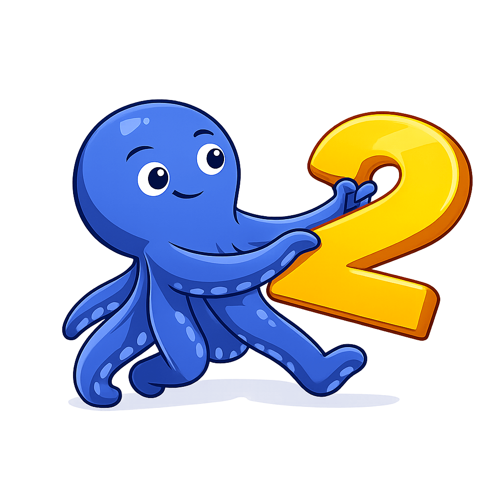 Ein niedlicher, cartoonartiger blauer Oktopus, der einen großen goldenen Zahl 2 hält.