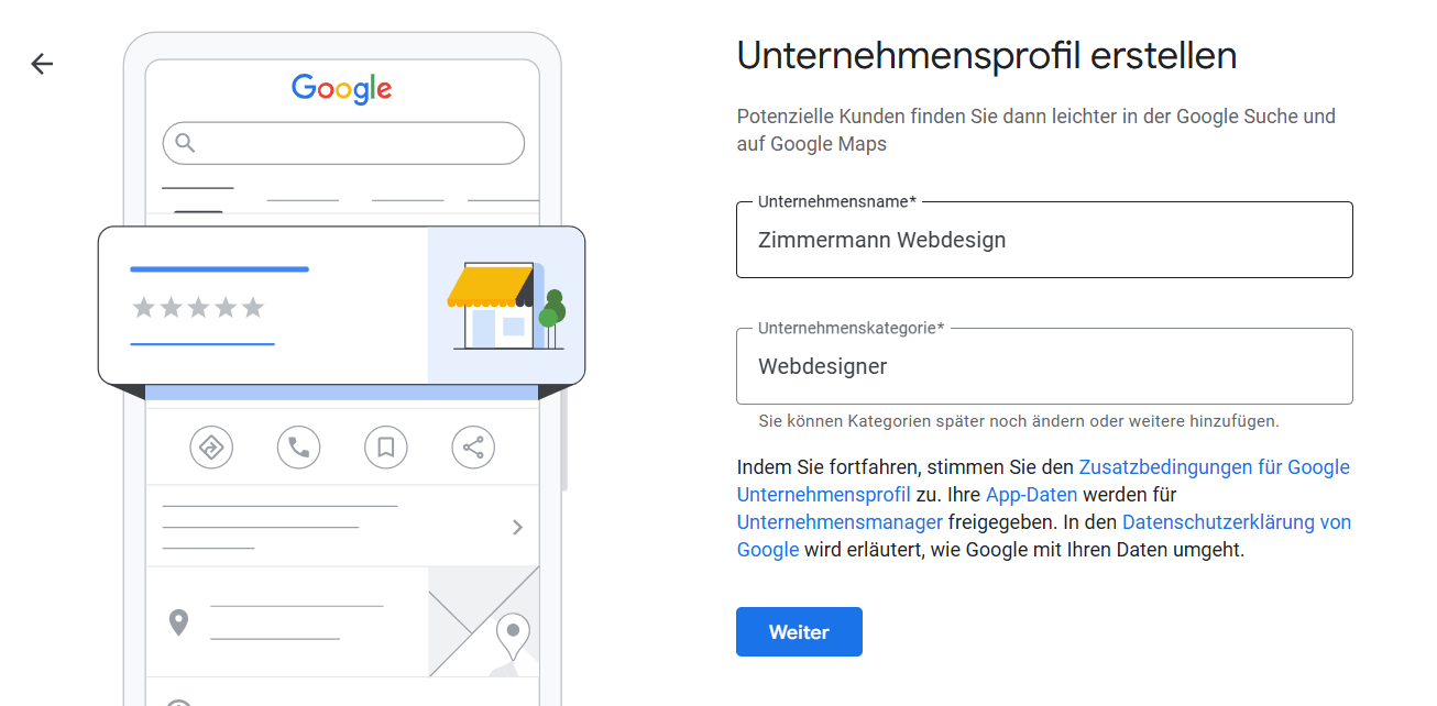 Screenshot Google Unternehmensprofil einrichten, Unternehemnskategorie auswählen