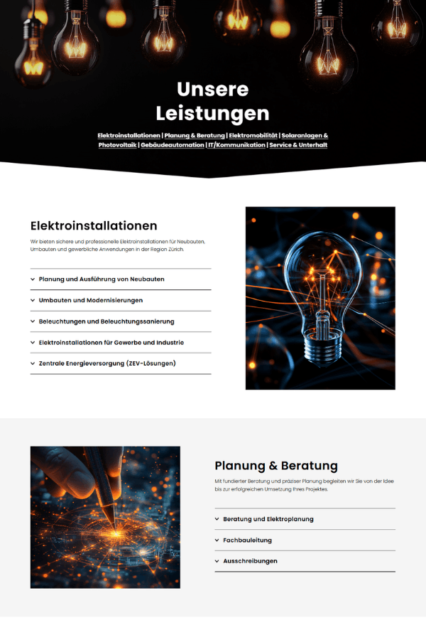 Screenshot einer professionellen Webseite für einen Elektroinstallateur aus Dübendorf aus Zürich.