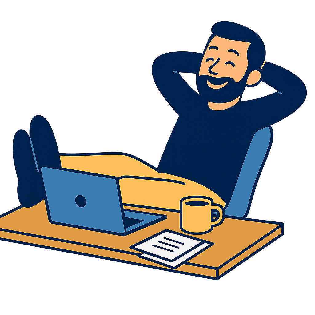 Ein Geschäftsführer entspannt in seinem Sessel mit Füssen auf dem Tisch, da er seine Webseite mit Squarespace von einem Webdesigner erstellen lassen hat. Kaffeetasse und 2 Dokumente auf dem Tisch.