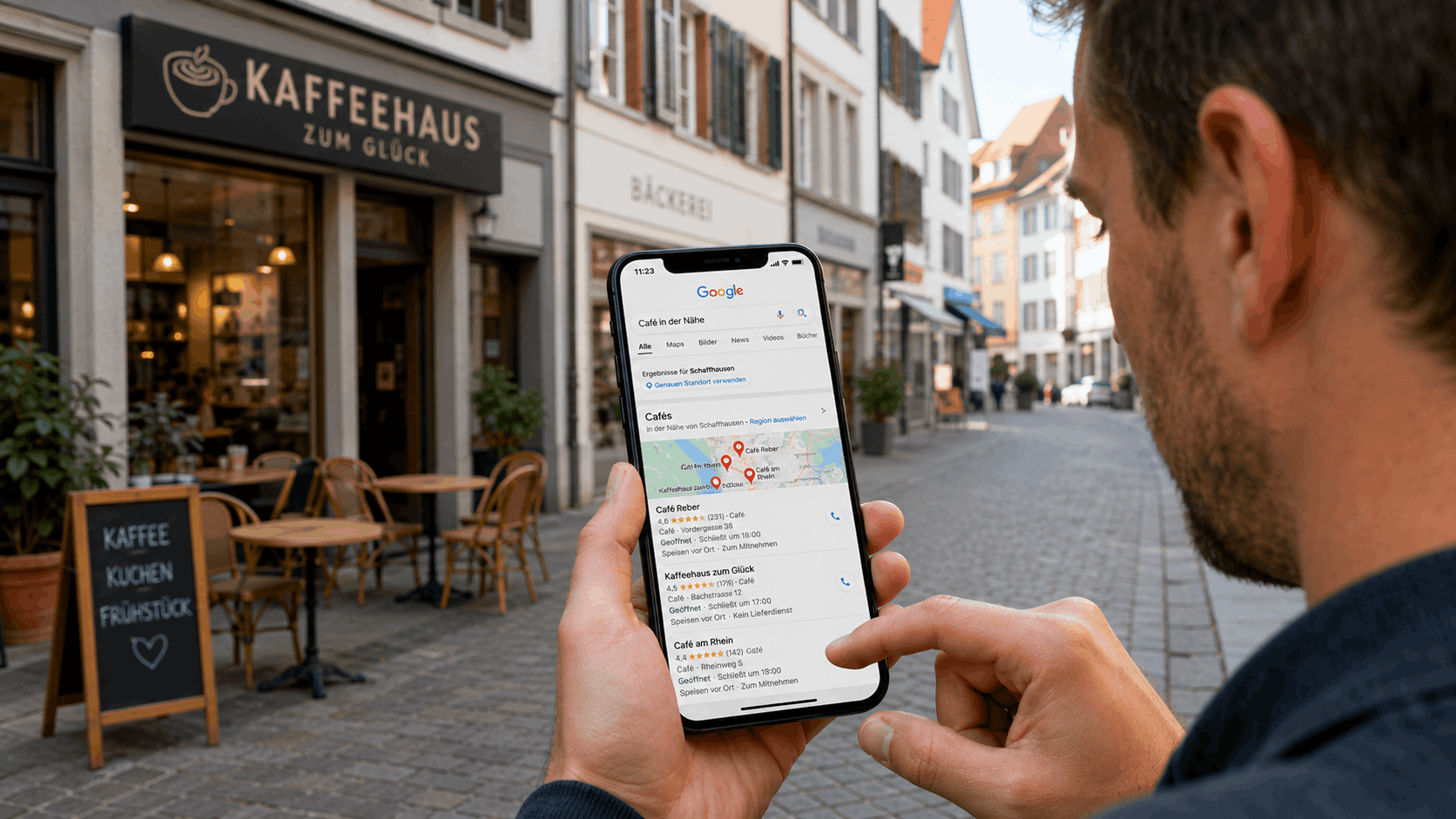 Potenzieller Kunde sucht in einer Schweizer Altstadt auf Google nach einem Café in der Nähe und sieht lokale Suchergebnisse mit Kartenansicht.