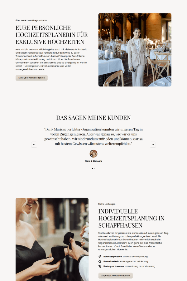 Screenshot einer professionellen Webseite für eine Hochzeitsplanerin aus Schaffhausen Schweiz