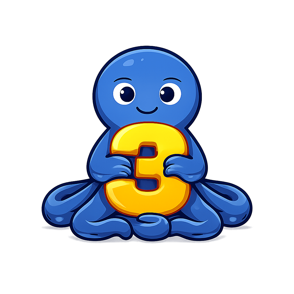 Ein niedliches blaue Totenkopf sitzt im Lotussitz und hält eine große gelbe Zahl drei.