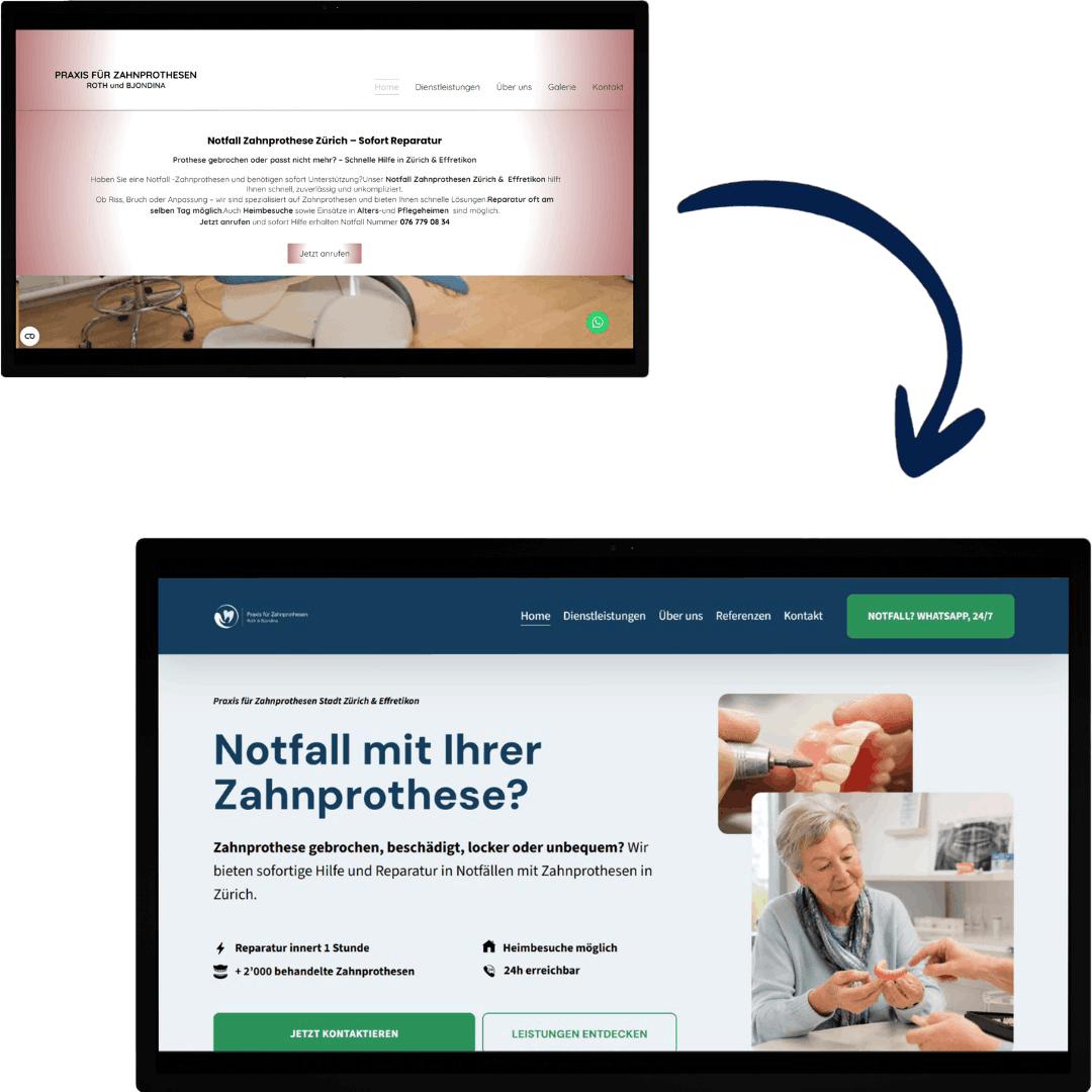 Startseiten zweier Webseiten für zahnärztliche Notfalldienstleistungen in Zürich, mit Texten, Navigationsleisten und Bildern von Zahnersatz und einem älteren Patienten bei einer Beratung.