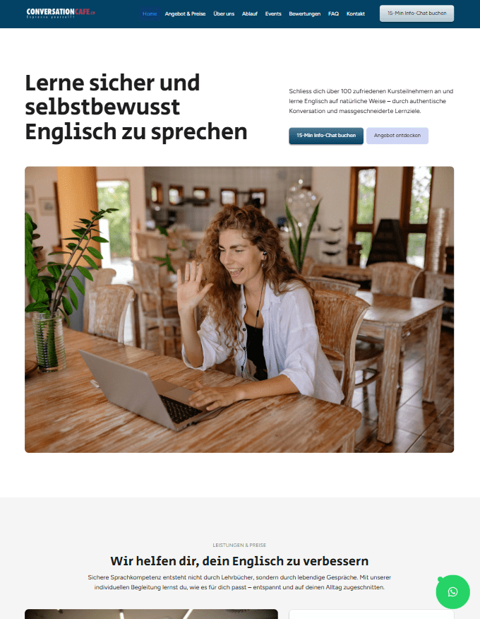 Screenshot einer Webseite für ConversationCafe, einem Englischlehrer aus Basel. Eine Dame sitzt vor dem Laptop.