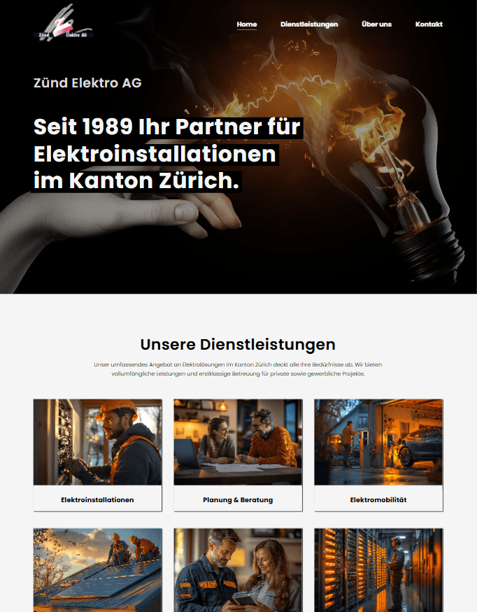 Screenshot einer Webseite für Zünd Elektro AG, einem Elektrounternehmen aus Zürich, mit einem Bild eines Glühbirnenbrands, einem Menü oben und Dienstleistungsangeboten darunter.