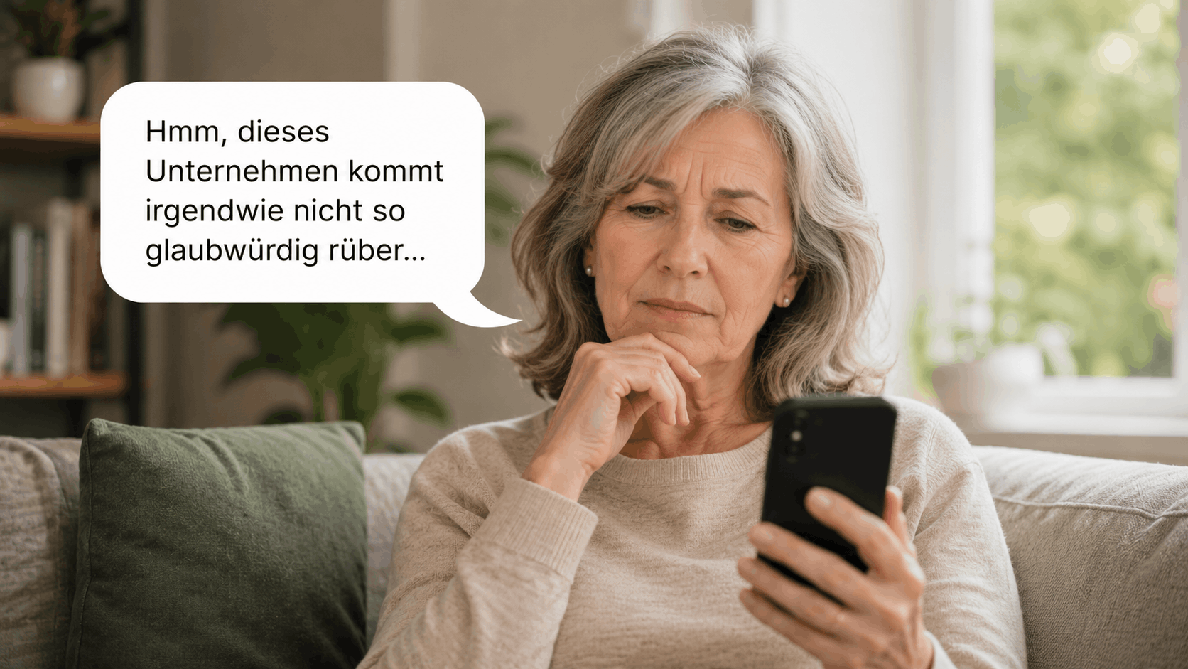 Ältere Frau prüft eine Unternehmenswebsite am Smartphone und zweifelt an der Glaubwürdigkeit des Anbieters.