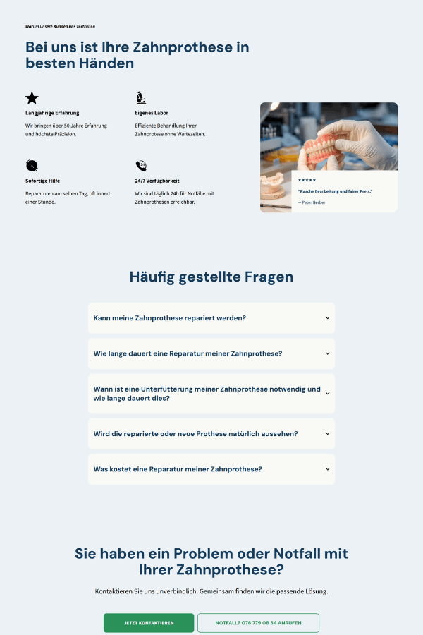 Screenshot einer professionellen Webseite für eine Zahnersatzklinik aus Zürich, Schweiz