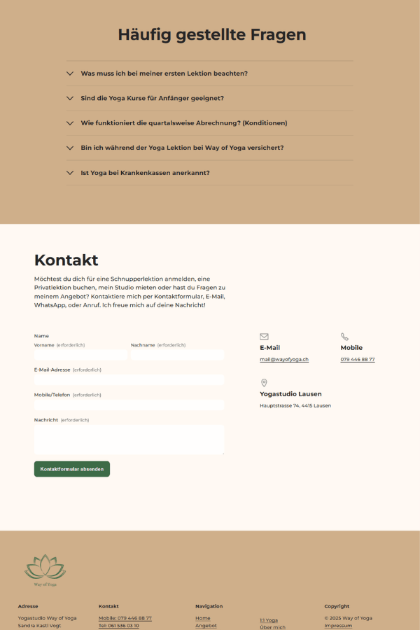 Screenshot einer professionellen Webseite für eine Yoga Lehrerin aus Lausen BL, Schweiz