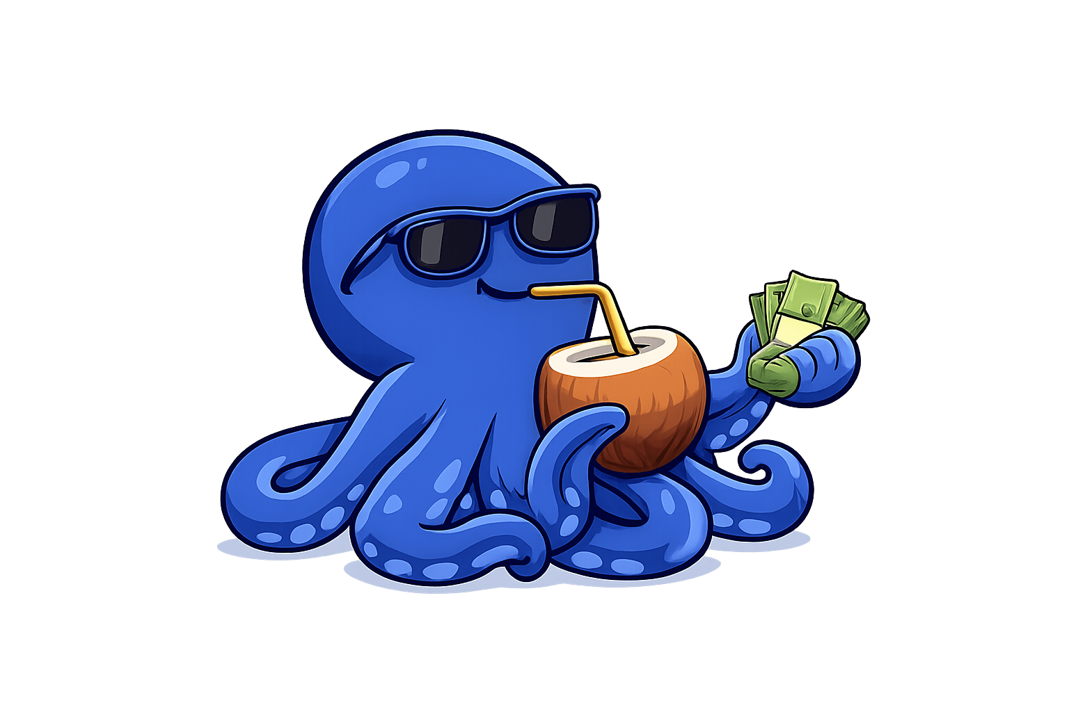 Ein blauer Tintenfisch mit einer Kokosnuss und Geld in der Hand. Trägt eine Sonnenbrille.